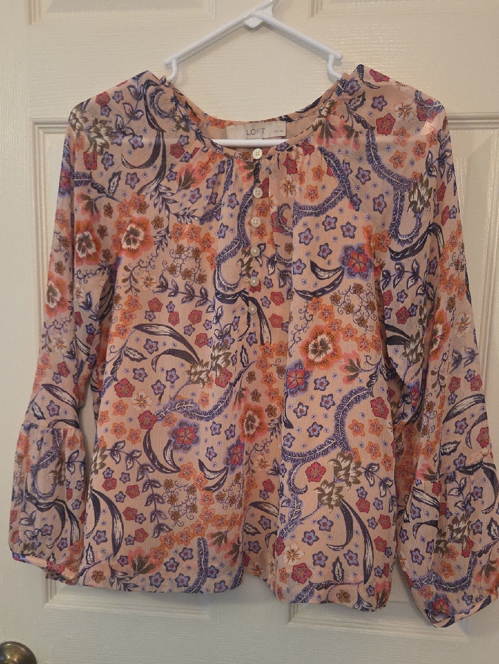 LOFT Peach-Pink Floral Paisley Button-Neck Blouse Size XSP